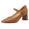 Sheepskin leather mary jane pumps with buckle and chunky heels
