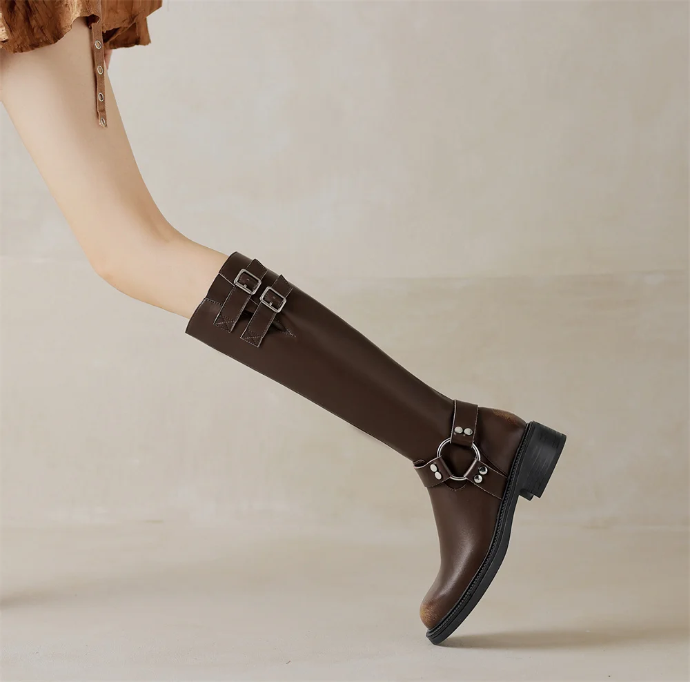 Genuine leather knee high buckle boots for women - Image 9