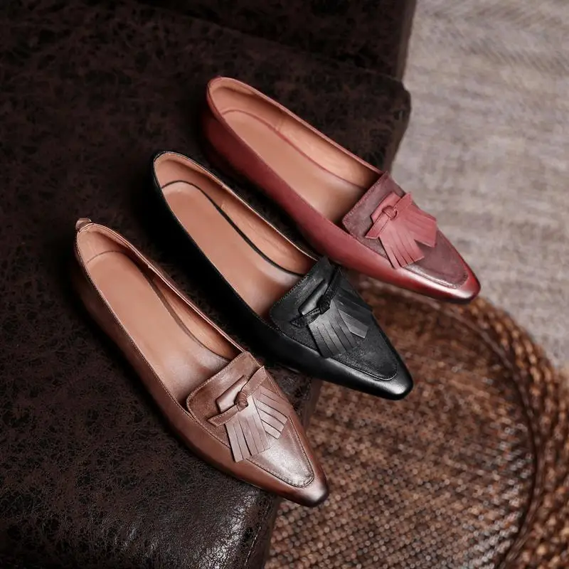 Genuine leather low heels pointed toe vintage office shoes - Image 6