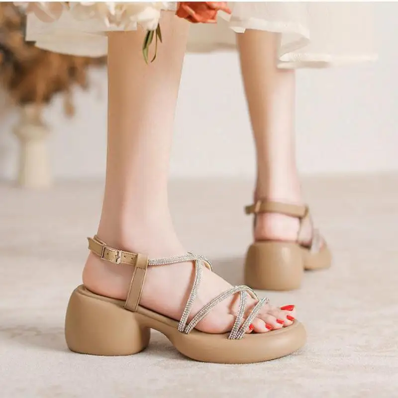 Rhinestone open toe wedge sandals with chunky heel - Image 2