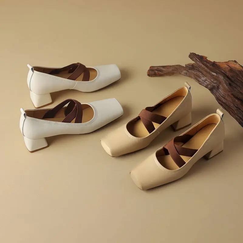 Genuine leather square toe mid heels mary janes - Image 2