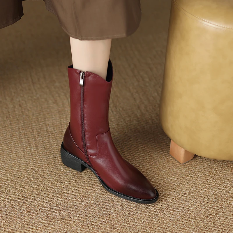 Genuine leather zipper mid calf boots with square heels - Image 11