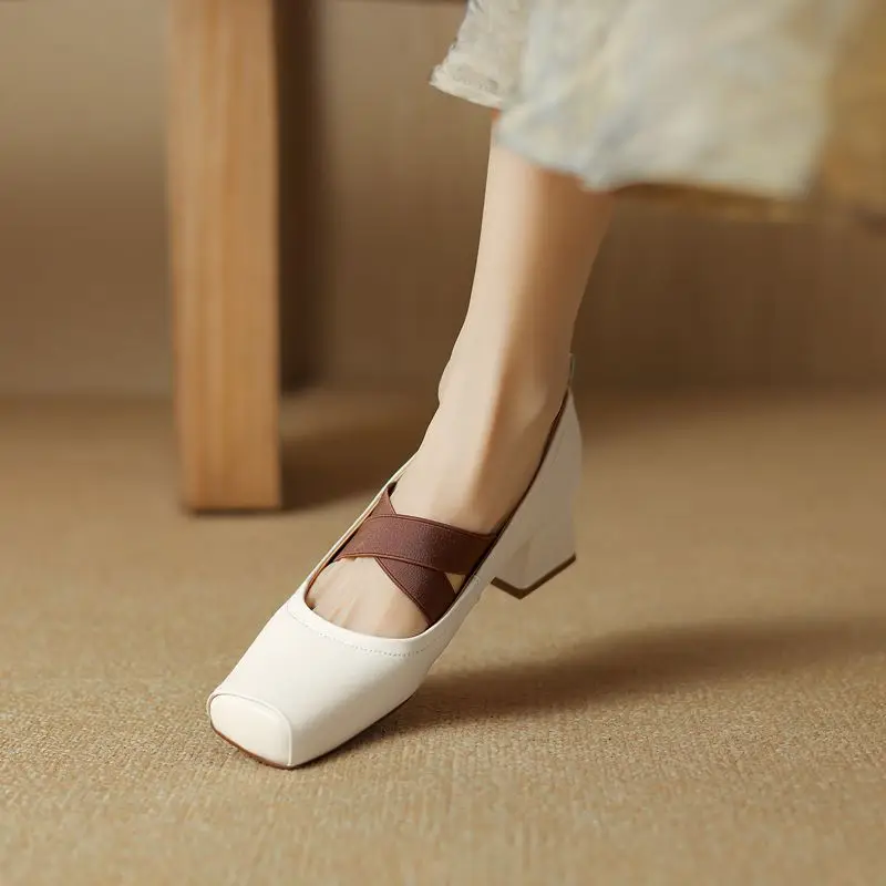 Genuine leather square toe mid heels mary janes - Image 10