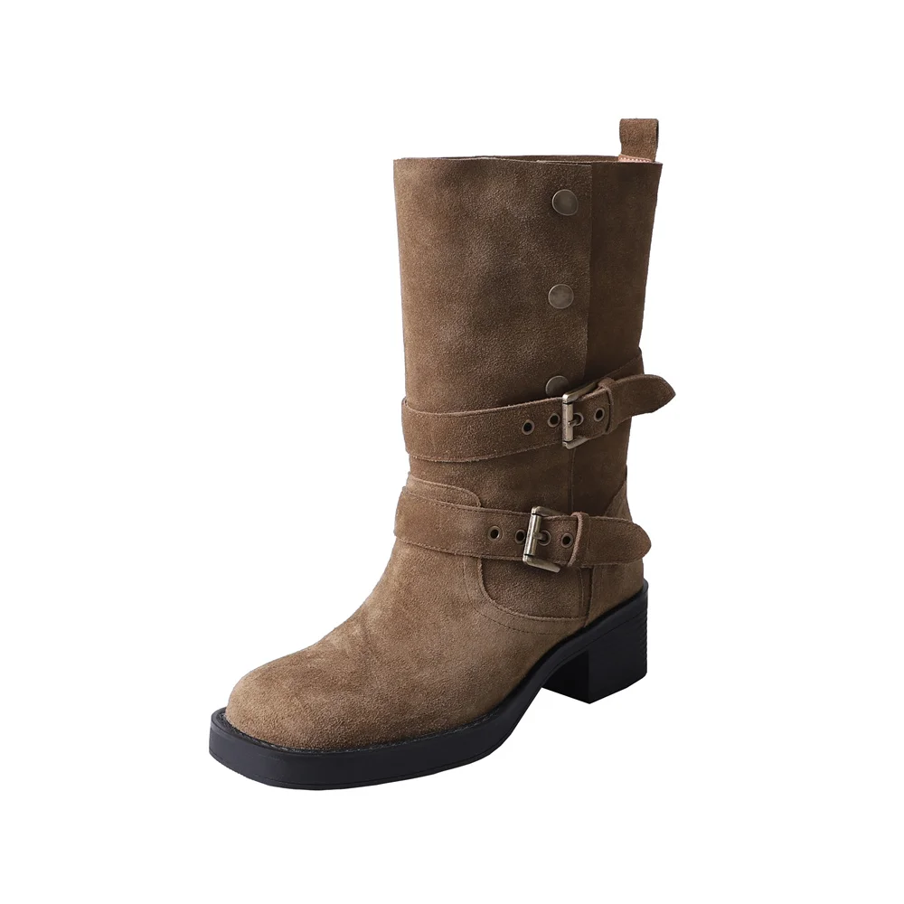 Suede leather mid-calf motorcycle boots with thick heels and buckles - Image 6