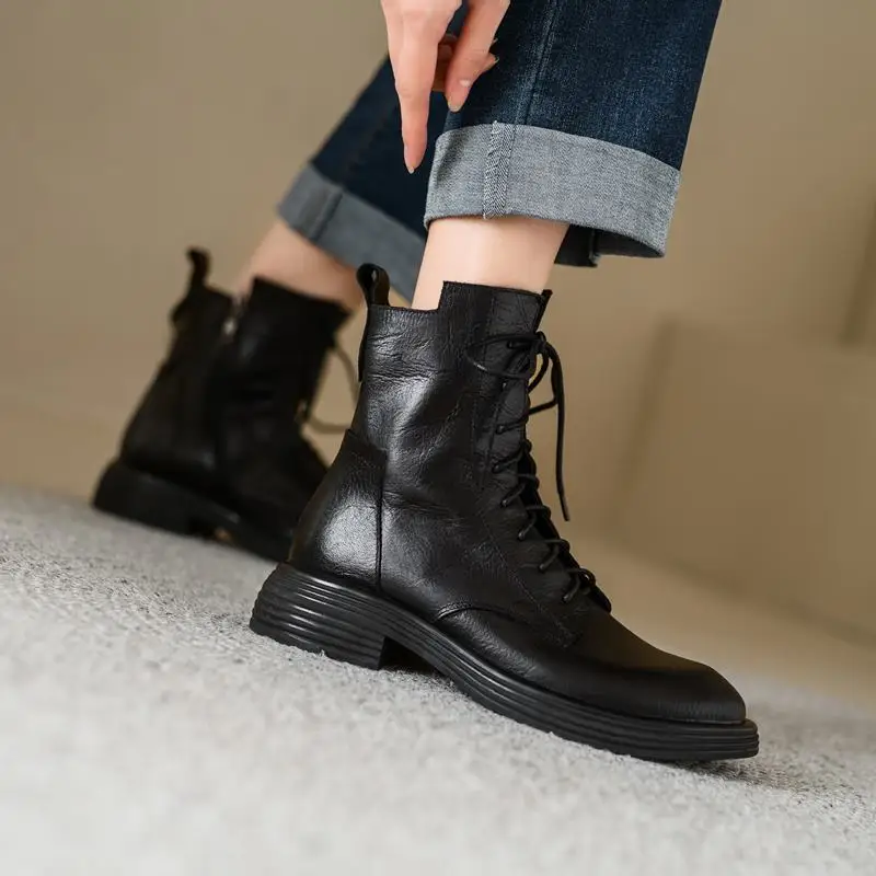 Genuine leather mid heel ankle boots for women - Image 4