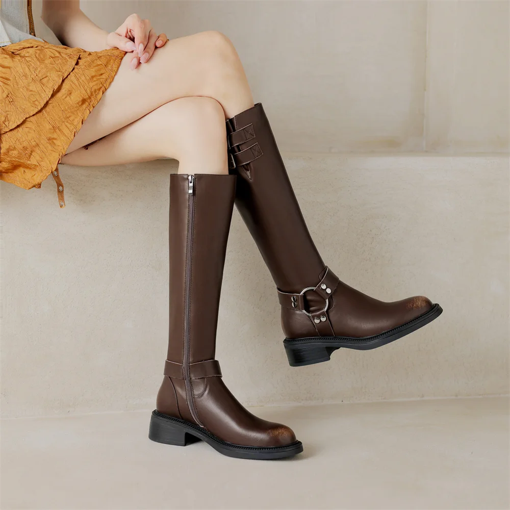 Genuine leather knee high buckle boots for women - Image 10
