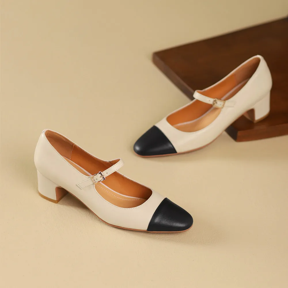 Genuine leather thick heeled mary jane pumps with buckle strap - Image 6