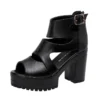 Elegant chunky platform sandals black leather high heels