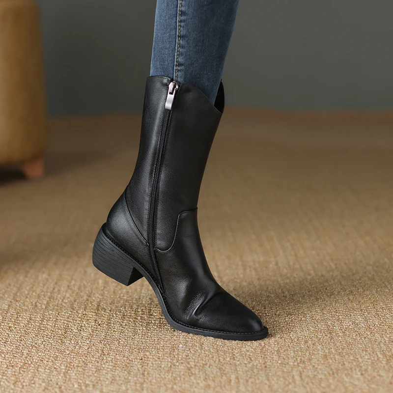 Genuine leather zipper mid calf boots with square heels - Image 3