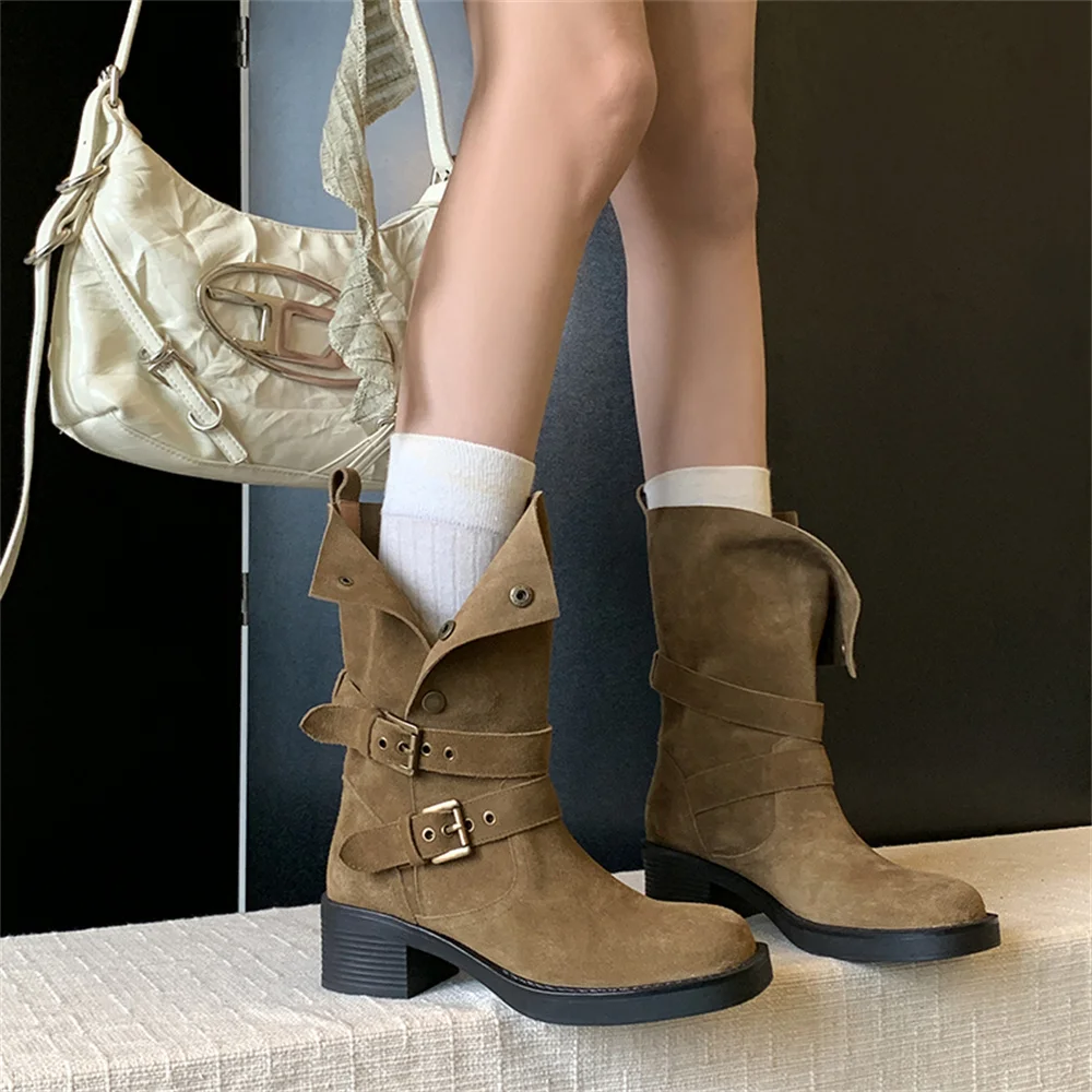 Suede leather mid-calf motorcycle boots with thick heels and buckles - Image 10