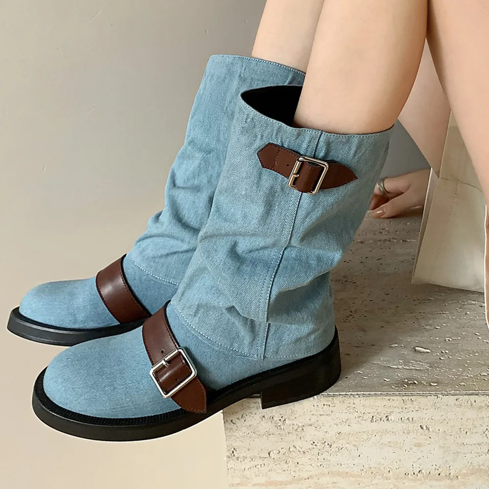 Mid-calf denim boots with round toe and buckle - Image 2