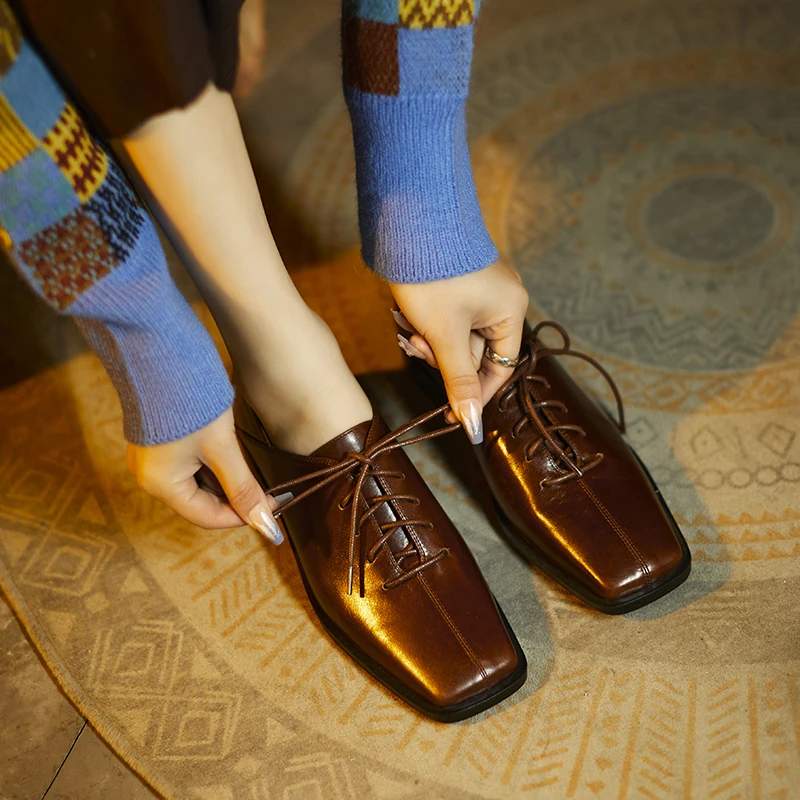 Genuine leather lace up low heel pumps for office - Image 7