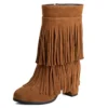 Fringe zipper flock winter boots with thick heels