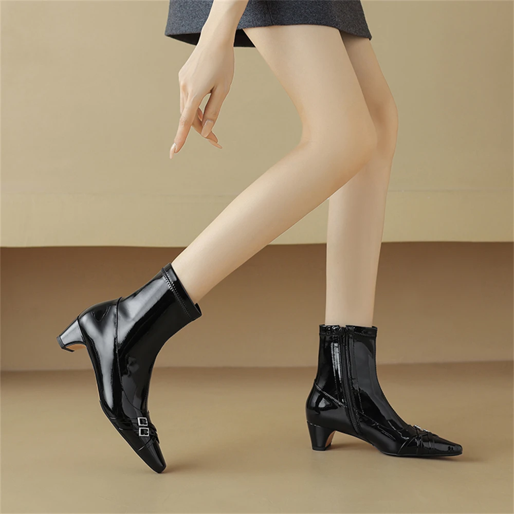 Pointed toe buckle ankle boots high heels genuine leather - Image 11