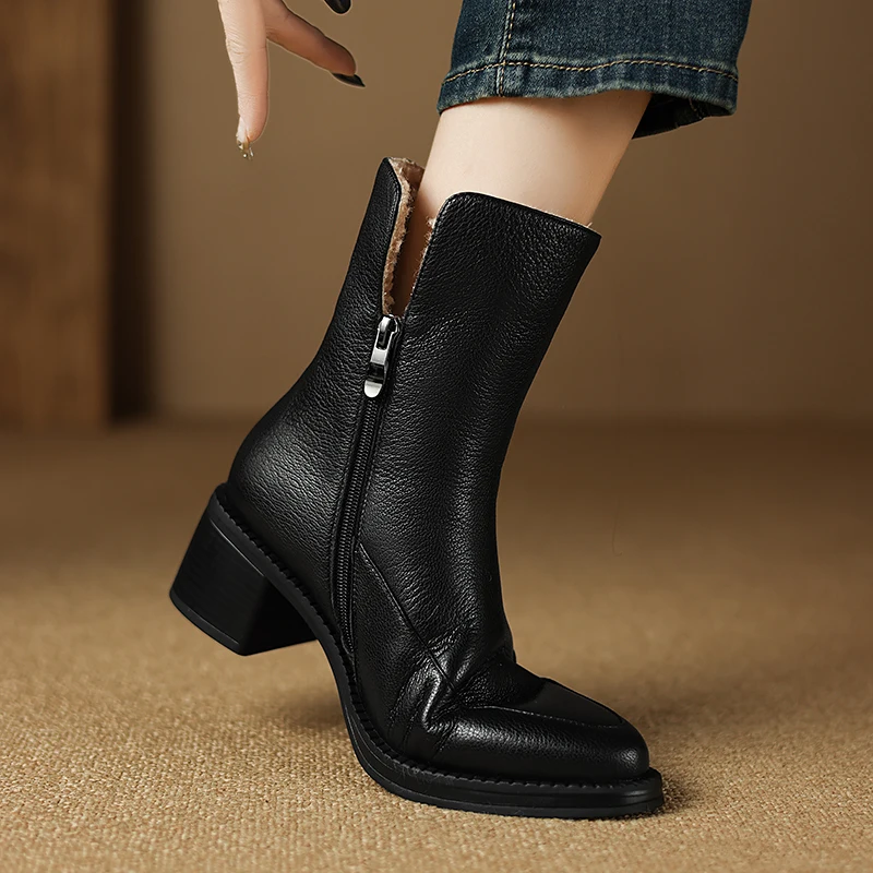 Genuine leather winter ankle boots with velvet lining and zipper - Image 4