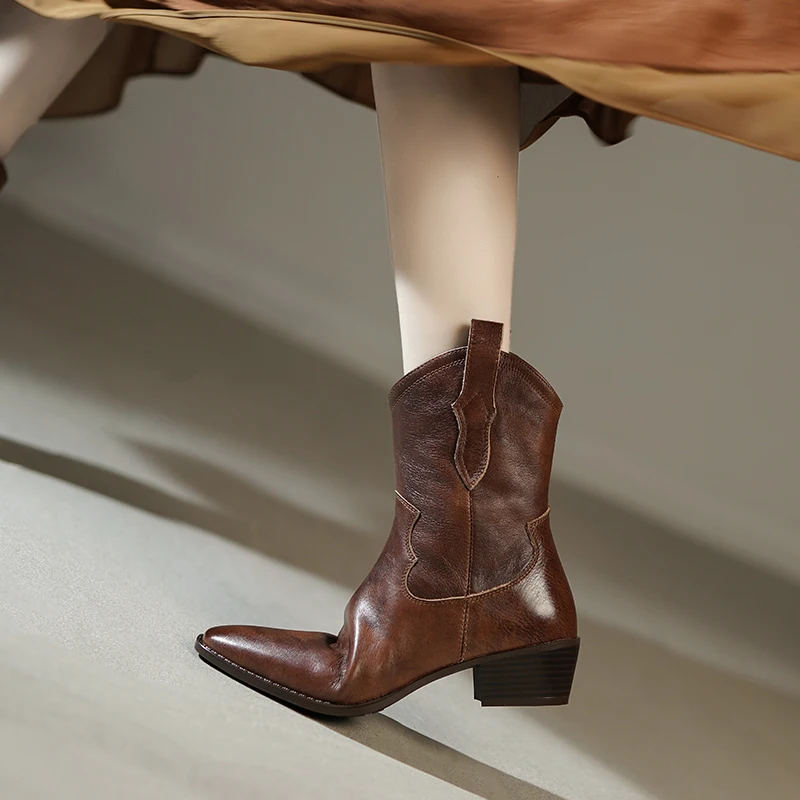 Retro square toe slip on mid calf boots with square heels in genuine leather - Image 8