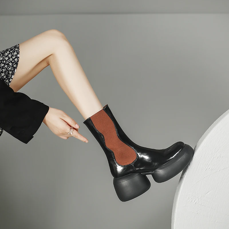 Mixed color platform mid calf leather chelsea boots - Image 6