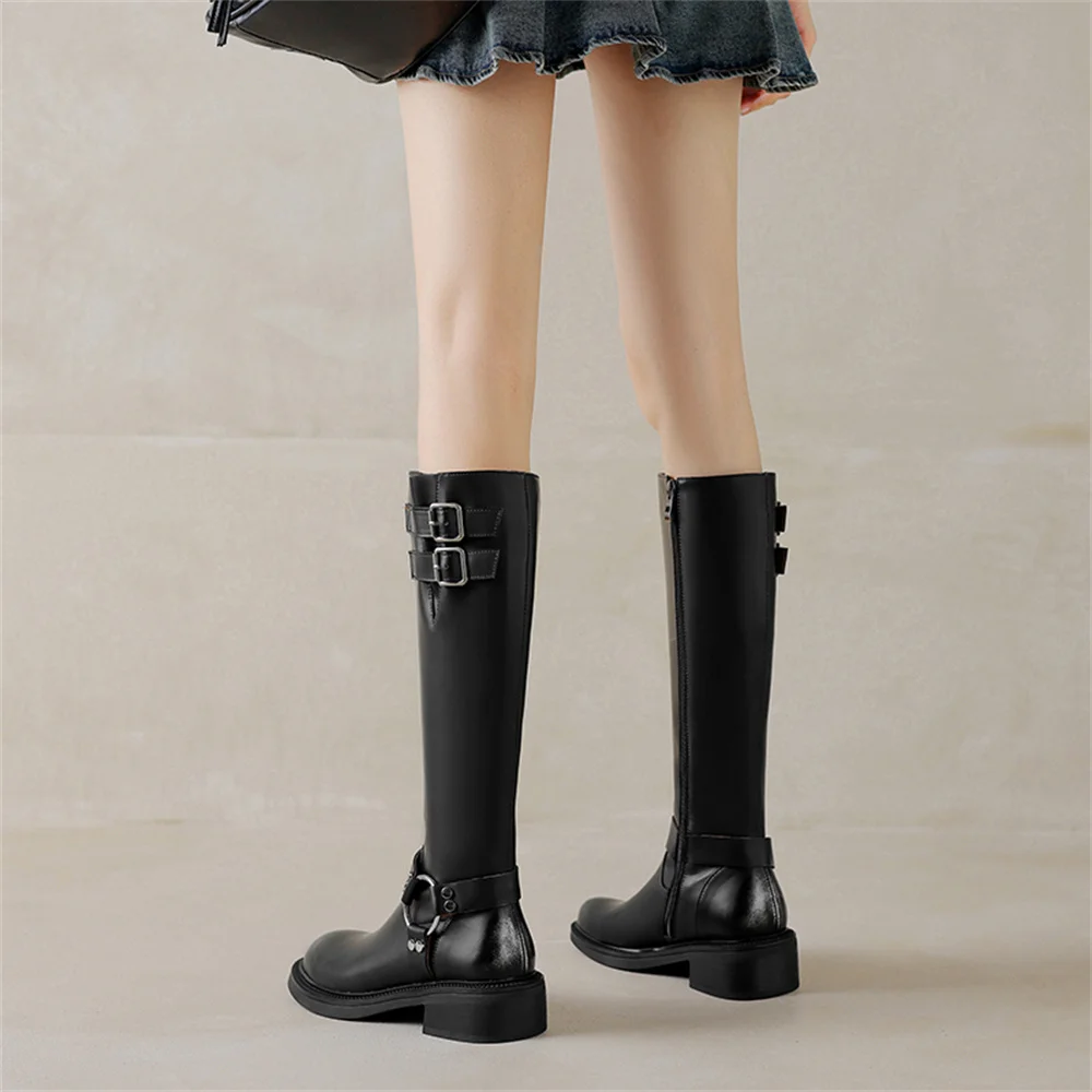 Genuine leather knee high buckle boots for women - Image 3