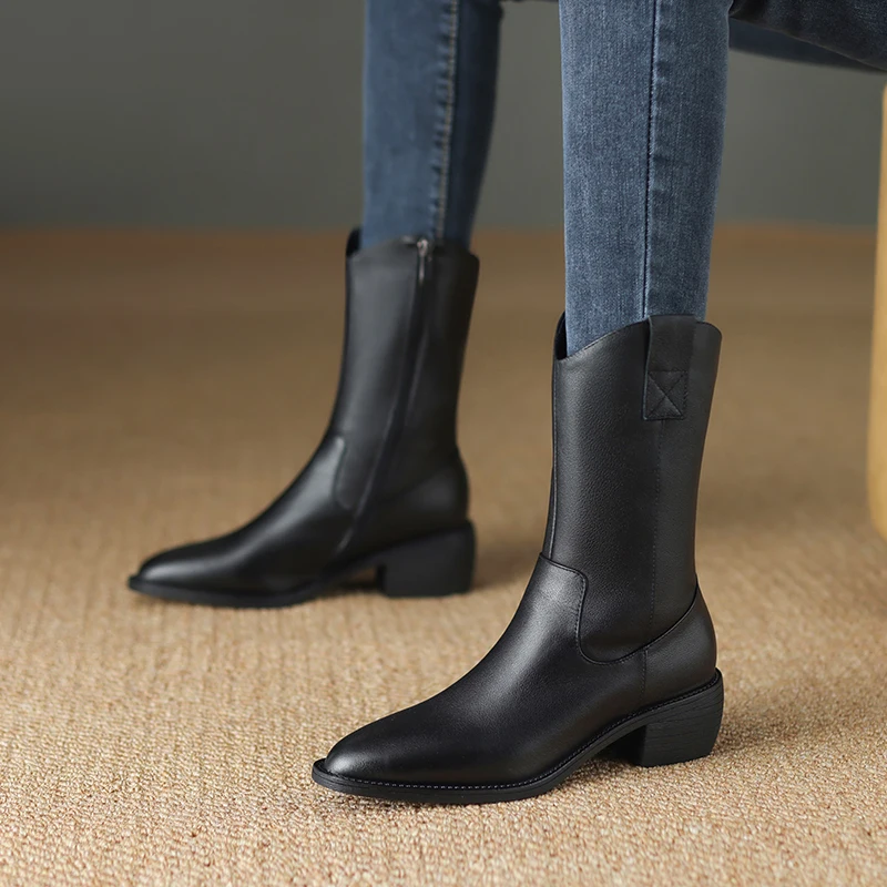 Genuine leather zipper mid calf boots with square heels - Image 8