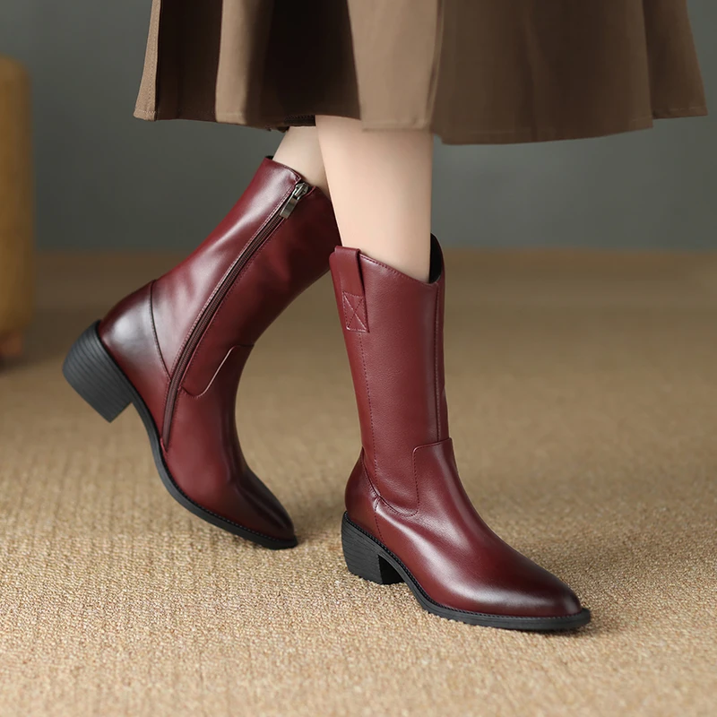 Genuine leather zipper mid calf boots with square heels - Image 7