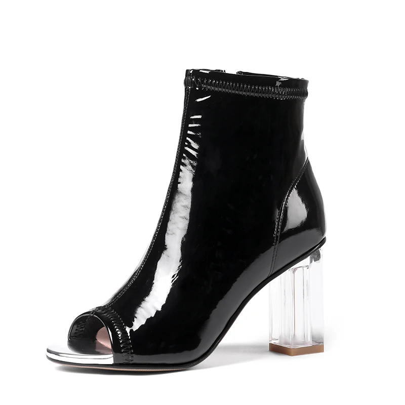 Peep toe chunky heel ankle boots in black and red - Image 3