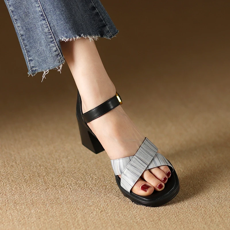 Elegant genuine leather high heel sandals with buckles - Image 7