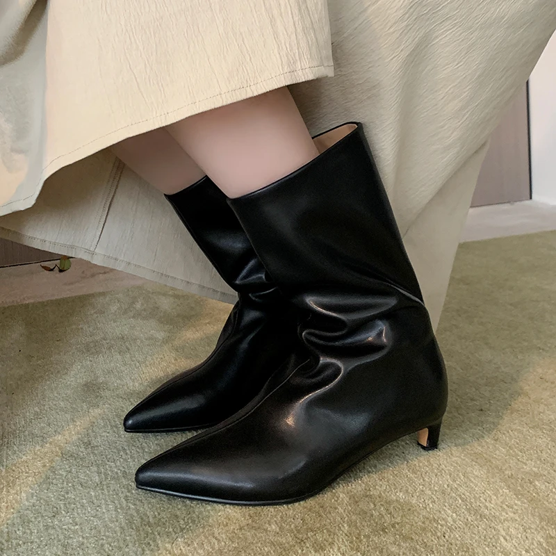 Fashion mid calf leather boots with kitten heels - Image 6