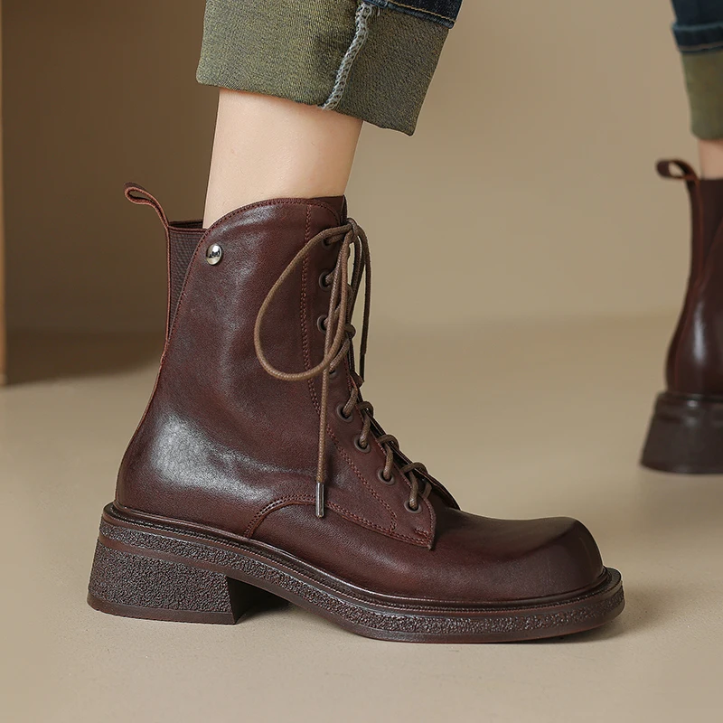 Genuine leather ankle boots with round toe and lace-up design - Image 6