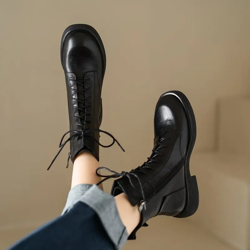 Genuine leather mid heel ankle boots for women - Image 2