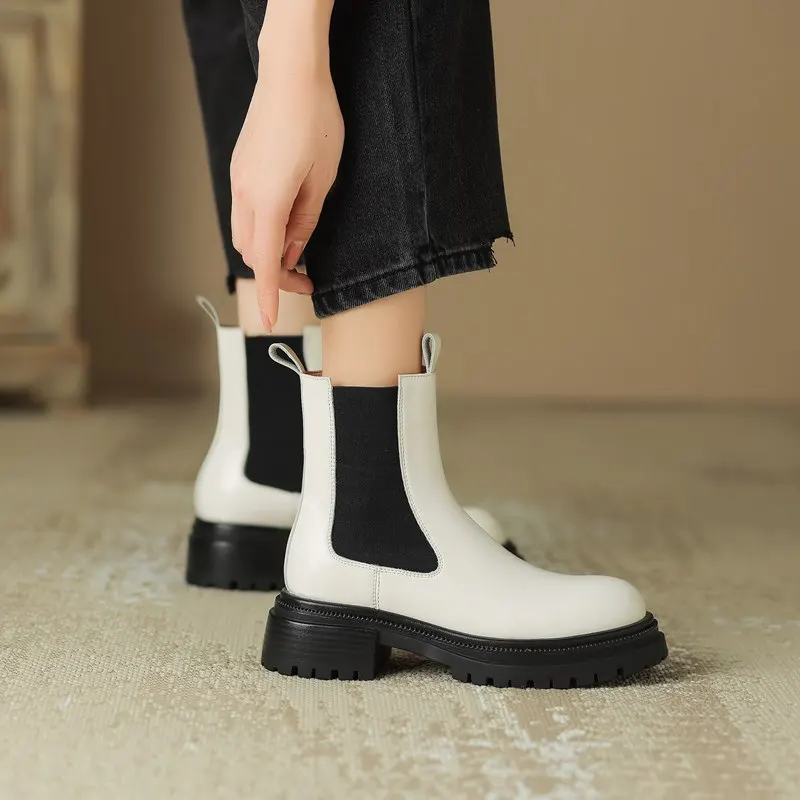 Chelsea boots slip on round toe platform ankle boots genuine leather - Image 9