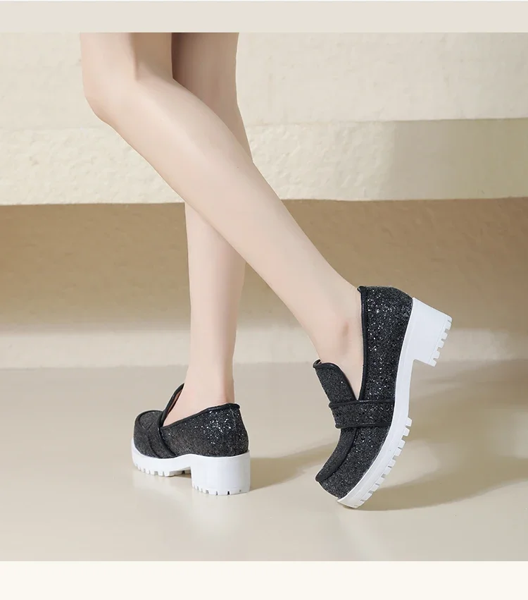 Sequin round toe slip-on pumps with thick heels - Image 6