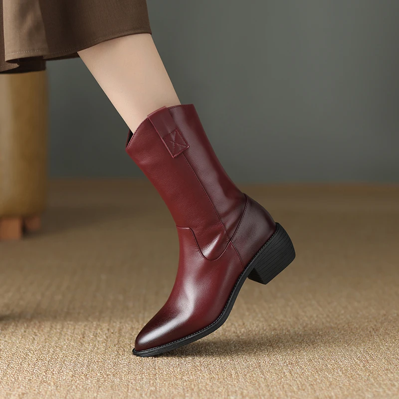 Genuine leather zipper mid calf boots with square heels - Image 6