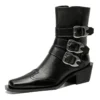Genuine leather motorcycle ankle boots with buckle and square toe