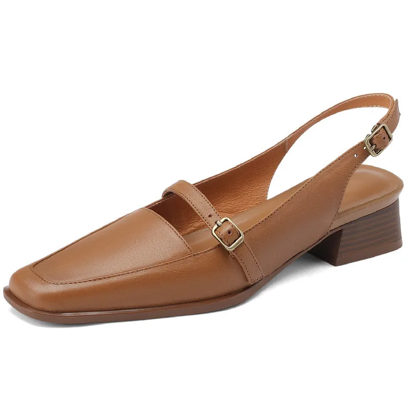 Genuine leather vintage square toe low heel slingback pumps - Image 2