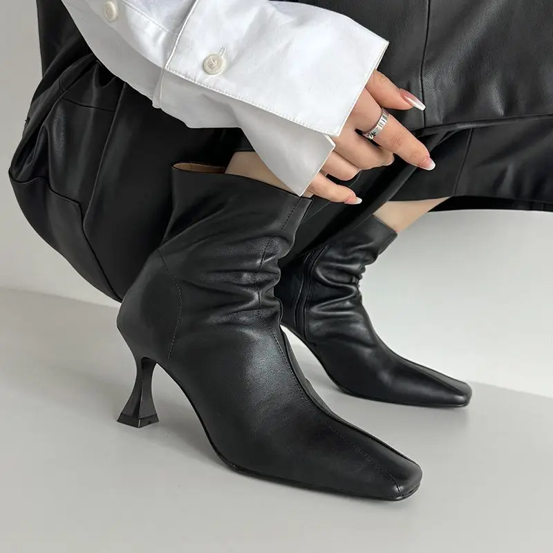 Genuine leather stiletto ankle boots with square toe - Image 2