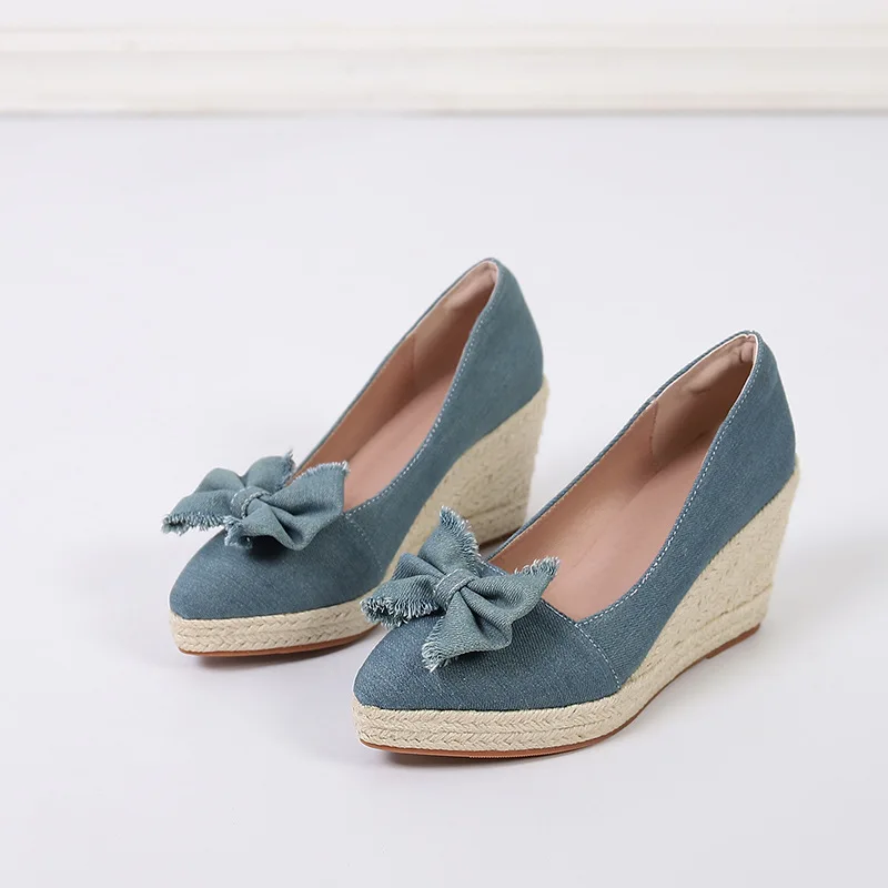 Blue canvas wedge espadrilles pointed toe slip-on pumps - Image 6