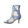 Denim mesh open toe high heel boots