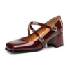 Burgundy patent mary jane block heel shoes