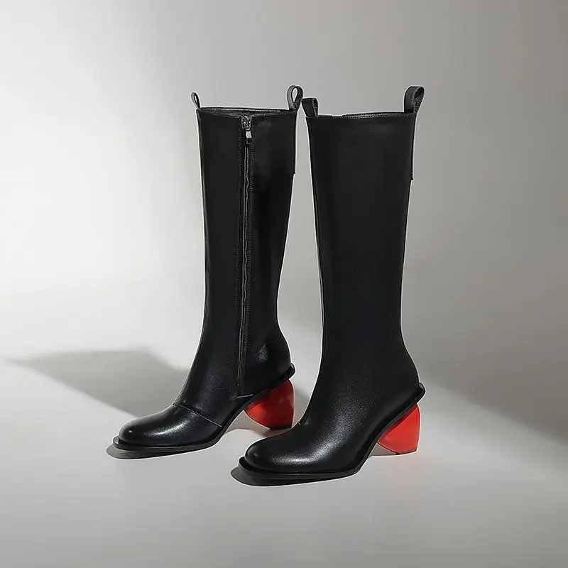 Knee high round toe high heel boots faux leather - Image 2