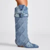 Custom Logo Cowboy Winter Boots Western Women Knee High Shoes 2023 New Fashion Denim Fleece Chunky Heel Slip on Pointed Toe
