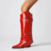 Cow Boy Western Styles Women Red Patent Knee High Boots 7.5cm Chunky Heels Overlay Booties Buckles Pants Shoes