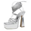 2025 Tacones Mujer Ladies Square Toe Platform Chunky Rhinestone Lace up Sandals Fashion Women High Heels